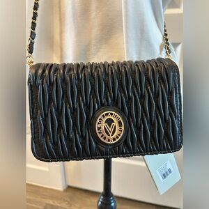 Valentino Orlandi Quilted Camera Crossbody Bag | Black Vegan Leather| Gold Chain